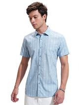 Men's Blue Casual Striped Half Sleeves Shirt