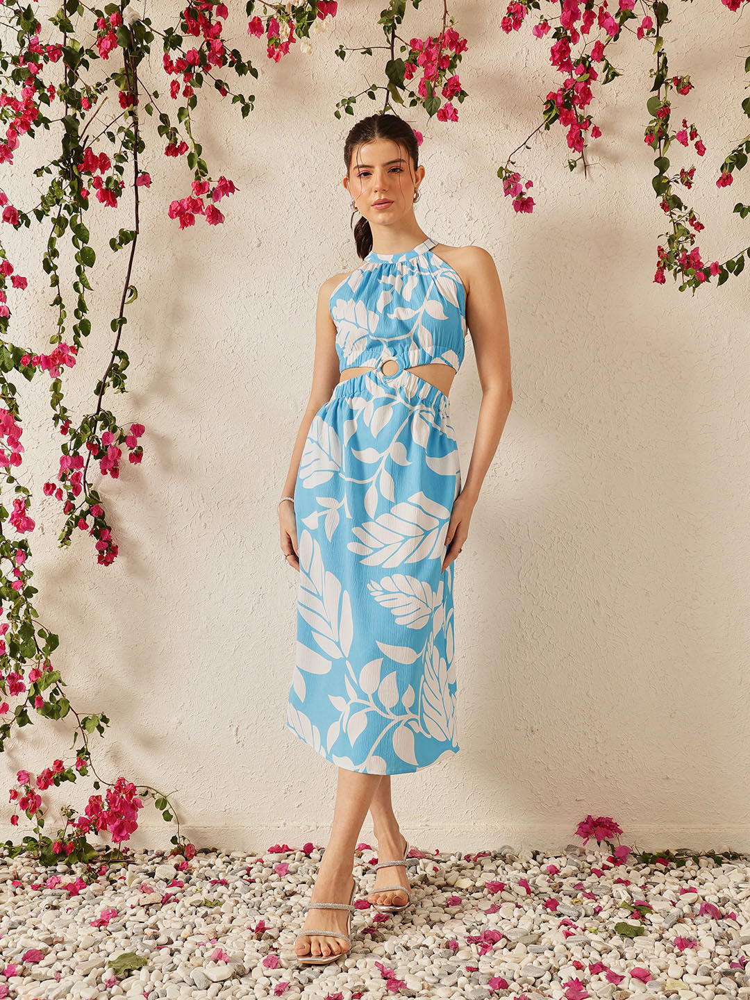 Women's Striped Crepe A-Line Midi Dress