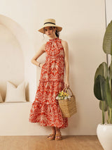 Women's Tropical Print Halter Neck Tiered Cotton Fit & Flare Maxi Dress