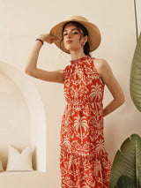 Women's Tropical Print Halter Neck Tiered Cotton Fit & Flare Maxi Dress