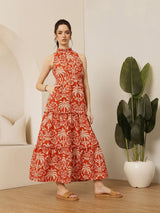 Women's Tropical Print Halter Neck Tiered Cotton Fit & Flare Maxi Dress