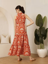Women's Tropical Print Halter Neck Tiered Cotton Fit & Flare Maxi Dress