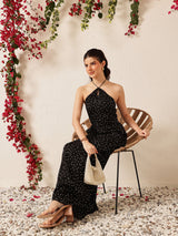 Women's Polka Dot Printed Halter Neck A-Line Maxi Dress