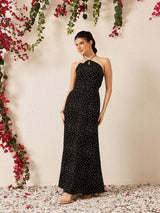 Women's Polka Dot Printed Halter Neck A-Line Maxi Dress