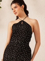 Women's Polka Dot Printed Halter Neck A-Line Maxi Dress