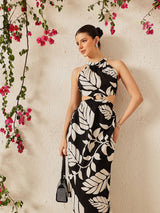 Women's Floral Print Crepe Halter Neck Cut Outs A-Line Midi Dress