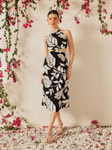 Women's Floral Print Crepe Halter Neck Cut Outs A-Line Midi Dress