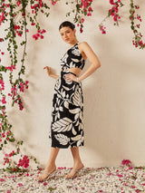 Women's Floral Print Crepe Halter Neck Cut Outs A-Line Midi Dress