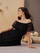 Women's Floral Self Design Off-Shoulder Lace Sheath Party Dress