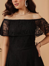 Women's Floral Self Design Off-Shoulder Lace Sheath Party Dress