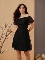 Women's Floral Self Design Off-Shoulder Lace Sheath Party Dress