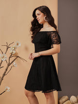 Women's Floral Self Design Off-Shoulder Lace Sheath Party Dress