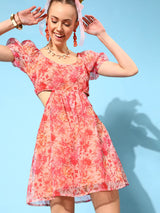 Women's Orange Floral Printed Dress