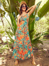 Women's Tropical Printed Sleeveless Crepe Maxi Dress