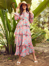 Women's Floral Printed Georgette Fit & Flare Maxi Dress