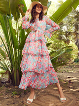 Women's Floral Printed Georgette Fit & Flare Maxi Dress