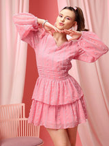 Women's Pink Self Design V-Neck Puff Sleeves Layered Fit & Flare Dress