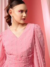 Women's Pink Self Design V-Neck Puff Sleeves Layered Fit & Flare Dress