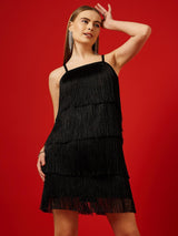 Women's Black Fringed Shoulder Straps Satin Bodycon Dress