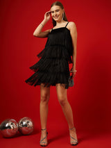 Women's Black Fringed Shoulder Straps Satin Bodycon Dress