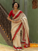 Women's White Cotton Viscose Saree