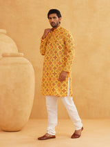Men's Yellow Full Sleeves Straight Cotton Kurta