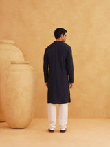 Men's Blue Full Sleeves Embroidered Straight Kurta
