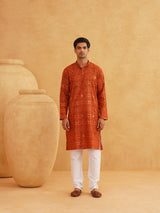 Men's Orange Full Sleeves Straight Cotton Kurta