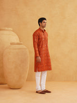 Men's Orange Full Sleeves Straight Cotton Kurta