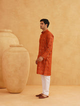 Men's Orange Full Sleeves Straight Cotton Kurta