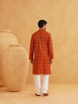 Men's Orange Full Sleeves Straight Cotton Kurta