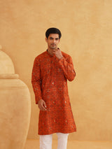 Men's Orange Full Sleeves Straight Cotton Kurta