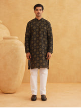 Men's Black Full Sleeves Printed Straight Kurta Set with Jacket