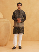 Men's Black Full Sleeves Printed Straight Kurta Set with Jacket