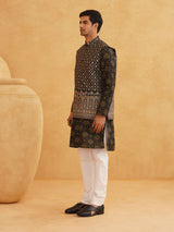 Men's Black Full Sleeves Printed Straight Kurta Set with Jacket