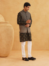 Men's Black Full Sleeves Printed Straight Kurta Set with Jacket