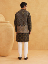 Men's Black Full Sleeves Printed Straight Kurta Set with Jacket
