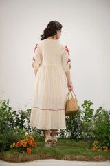 Women's Beige Work Regular Fit Embroidered Three Quarter Sleeves Dress