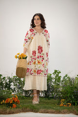 Women's Beige Work Regular Fit Embroidered Three Quarter Sleeves Dress