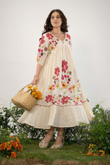 Women's Beige Work Regular Fit Embroidered Three Quarter Sleeves Dress