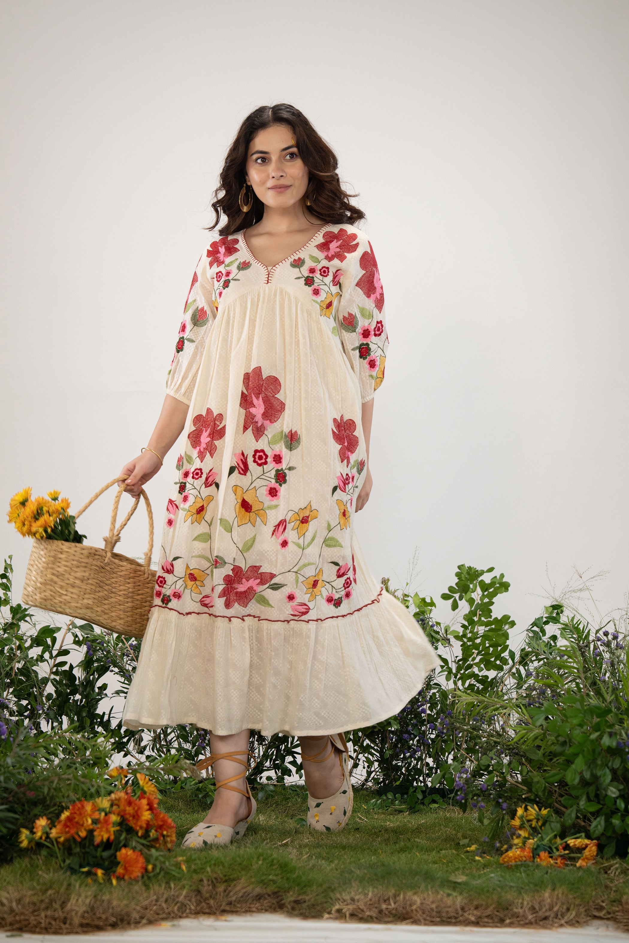 Women's Beige Work Regular Fit Embroidered Three Quarter Sleeves Dress