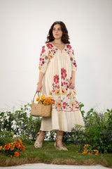 Women's Beige Work Regular Fit Embroidered Three Quarter Sleeves Dress