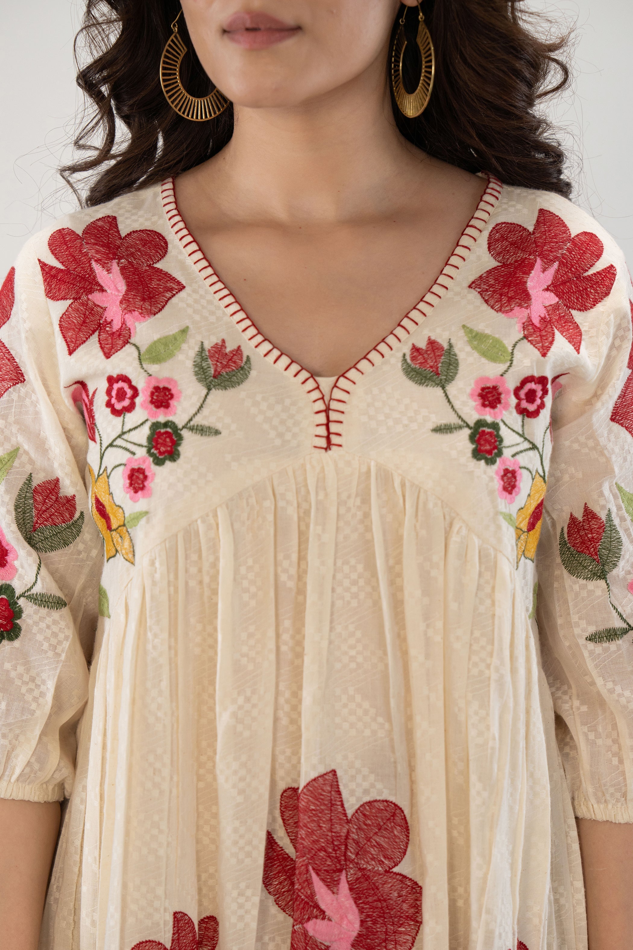 Women's Beige Work Regular Fit Embroidered Three Quarter Sleeves Dress