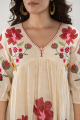 Women's Beige Work Regular Fit Embroidered Three Quarter Sleeves Dress