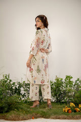 Women's Beige Fusion Regular Fit Printed Three Quarter Sleeves Kurtas Sets