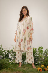 Women's Beige Fusion Regular Fit Printed Three Quarter Sleeves Kurtas Sets