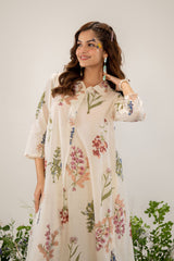 Women's Beige Fusion Regular Fit Printed Three Quarter Sleeves Kurtas Sets