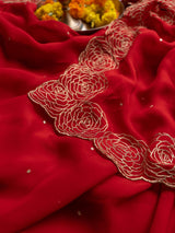 Women's Red Viscose Organza Saree