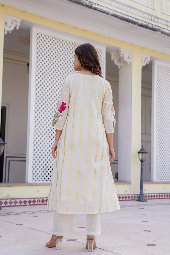 Women's Beige Fusion Regular Fit Embroidered Three Quarter Sleeves Kurtas Sets