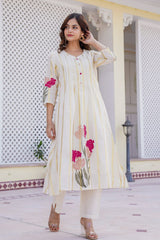 Women's Beige Fusion Regular Fit Embroidered Three Quarter Sleeves Kurtas Sets